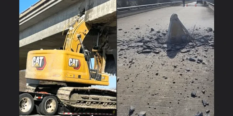 Flatbed truck hauling excavator shuts down Kansas bridge