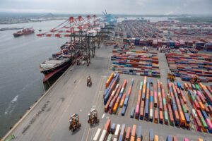 Kalmar Straddle Carriers in operation at Maher Terminals Port Elizabeth New Jersey USA